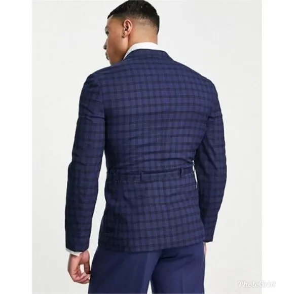 ASOS DESIGN skinny suit belted jacket with dark blue windowpane check